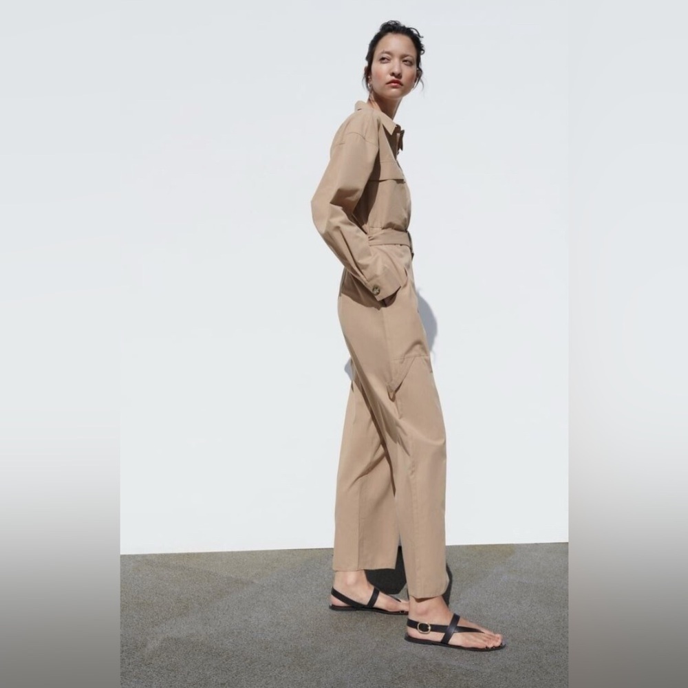 ZARA Sz L Boiler Suit Tan Belted Jumpsuit long Sleeve Patch Pockets Loose Leg - Picture 2 of 10